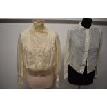 A stunning Edwardian silk blouse having pink twist to stand up collar and lace to yolk and cuffs,