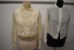 A stunning Edwardian silk blouse having pink twist to stand up collar and lace to yolk and cuffs,
