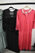 Two retro 1980s/90s bridesmaids dresses in sage green, a Pink Laura Ashley dress with polka dots