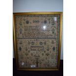 A 1838 dated needlework sampler, with verse and depictions of ships, Adam and eve with the Serpent