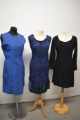 Three vintage 1960s mini dresses including lace dress with soutache braiding in blue.