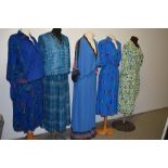 A collection of bright 1970s and 80s ladies clothing including Janice Wainwright maxi dress.