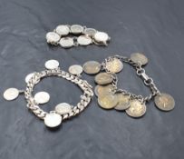 Three white metal and silver coin bracelets including sixpences, Peru 1/2 dimes, and three pences