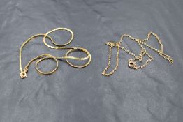 Two 9ct gold chains, approx 16' & total 4g
