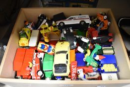 A box of collectable toys and cars, including Noddy collectables, matchbox and LLedo.