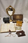 A miscellany of vintage and antique items, to include mirror, opera glasses in case, boxed balance