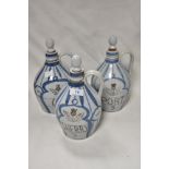 Three Scottish Buchan stoneware flagons, labelled for sherry, gin and port.