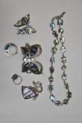 A quantity of silver tone jewellery having Paua shell decoration, including butterfly brooch and