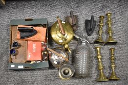 A selection of metalware etc including vintage soda syphon, arts and crafts plated spirit kettle (no