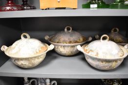 Four studio pottery tureens having naturalistic drip glazes, unsure of the maker but marked R. All