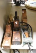 Two vintage wood working beech wood jack planes and a Holdtite foot pump
