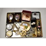 A miscellany of items to include costume jewellery, compact, cuff links, stop watch and similar.