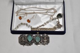 A small selection of white metal jewellery including Arabic style bracelet, Baltic amber earrings,