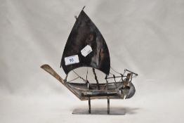 A white metal Chinese junk sailing boat with stand both testing as silver, 24cm tall weighing 281g