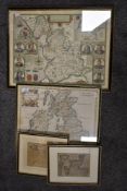 Four framed and glazed maps, of interest to Lancaster, Edinburgh and more.
