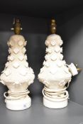 Two vintage Casa Pupo Spanish lamps in cream textured finish with raised flowers.