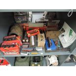 A shelf of mixed gauge Accessories and Rolling Stock, some boxed along with empty boxes and a part