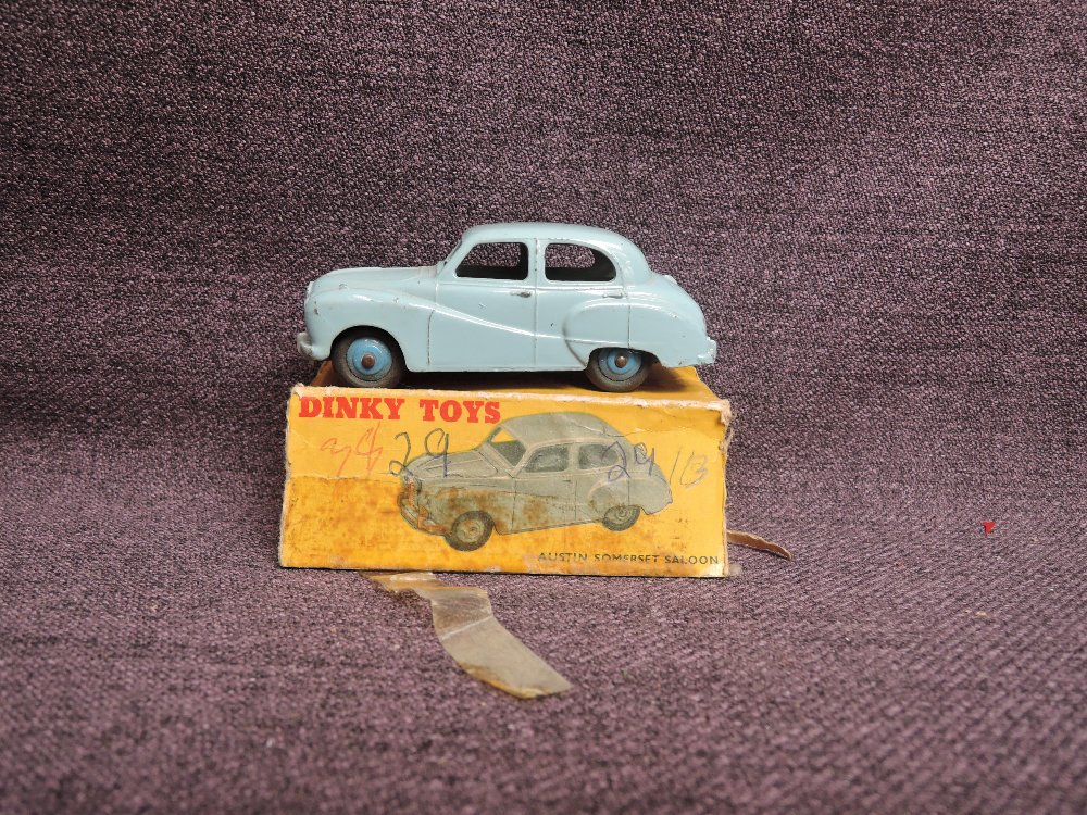 A Dinky diecast, 161 Austin Somerset, Light Blue and Dark Blue Hubs in original box, missing both