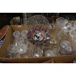 a pretty carnival ware frilled dish in purples, gold and blues, a pressed glass dressing table set