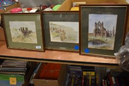 Three small prints entitled Whitby Abbey, Robin Hood's Bay and York City walls and Minster.