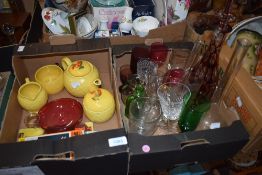 Five items of cranberry glass including glasses and bowl, a selection of chemistry jars and