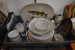 A quantity of Barvarian plates having fish designs to each also a bowl, two tea pots a pair of