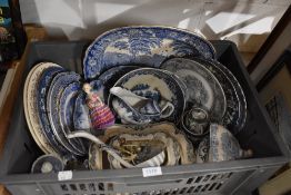 A selection of mainly blue and white ware including plates, tureens and dishes most AF