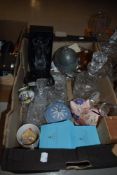 A glass dressing table set including candlestick and dishes, a cut glass footed bowl, decanter, a