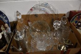 Three decanters including a Bohemia lead crystal decanter and similar fruit bowl, a pressed glass