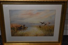 L Emery, (20th century), a watercolour, ducks shooting, indistinctly signed and dated (19)12, 39 x