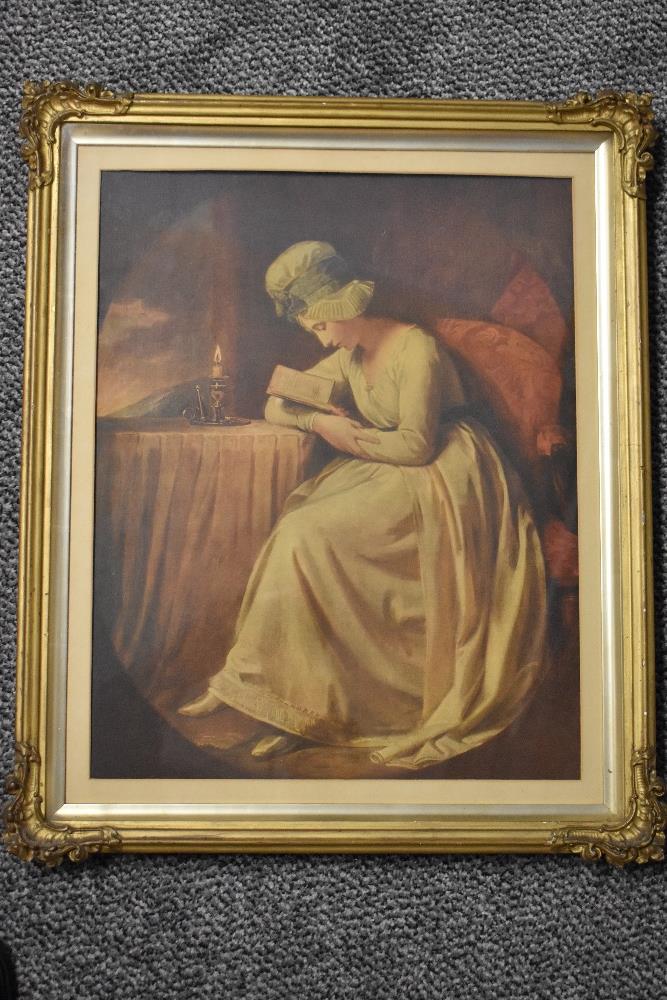George Romney, (1734-1802), after, a print, Serena/Emma Hart reading, 47 x 36cm, gilt plaster edge