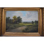 (19th century), an oil painting, English country landscape with church, 49 x 79cm, gilt plaster