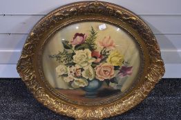 Fleur, (20th century), an oil painting, still life, circle, signed, dia 39cm, fancy gilt carved