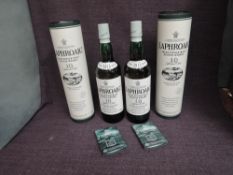 Two bottles of Laphroaig Ten Year Old Islay Single Malt Scotch Whisky, both 40% vol, 70cl and in car