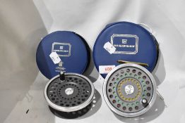 A Hardy Marquis No2 fly reel with a spare spool both in Blue hardy cases