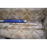 A 3 pc split cane fly rod with extra tip but no makers name and a 2 piece split cane fly rod with