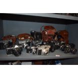 A selection of nine SLR cameras. A Cosina CSR with Cosinoin F1,7 f=50mm lens, a Cosmic 35, a