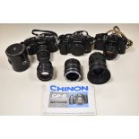 Three cameras and lenses. A Cosina CT1G with Chinon 1:2,8 28mm lens, a Cosina CT7 with Pentax-M 1: