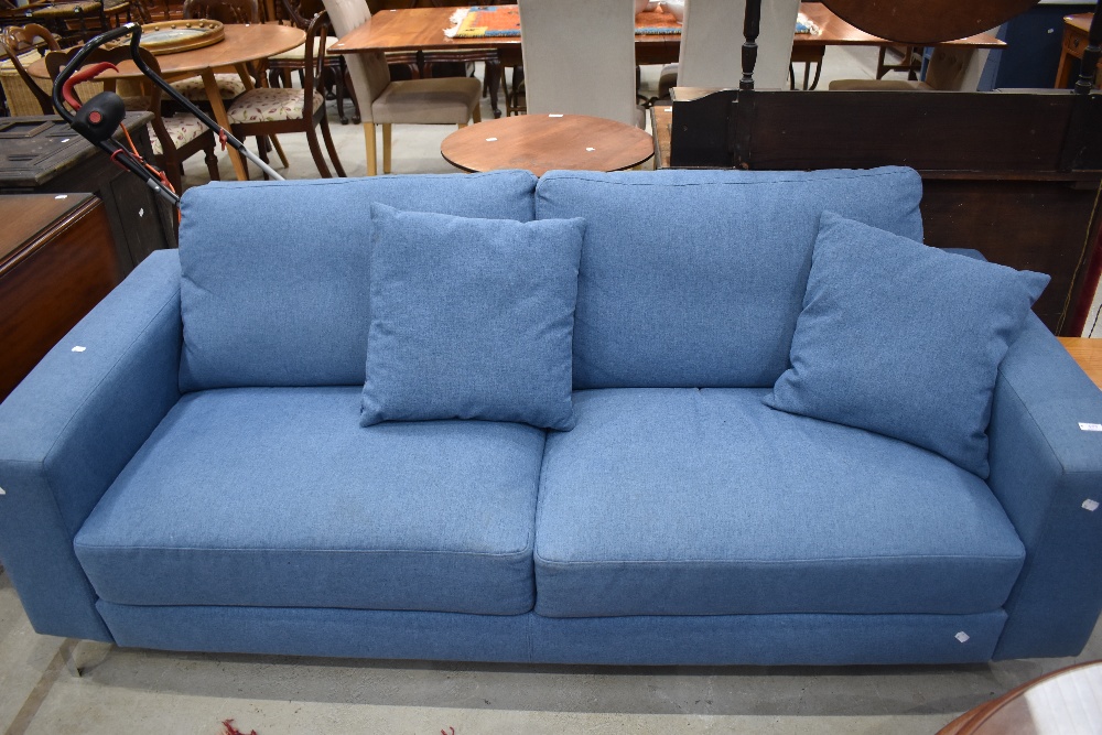A modern settee having blue upholstery on chrome frame , width approx. 190cm, depth 82cm