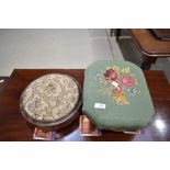 Two antique foot stools one in button form with embroidered top and similar four footed step stool