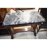 A Victorian console table on carved feet with Mahogany frame under drawers and faux marble painted
