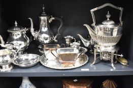 Two fine silver plated tea sets including Barker Ellis with a serving tray and a spirit burner