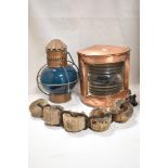 Two early 20th century ships lights one for port or starboard and similar mast light with blue