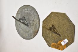 Two 20th century bronze or brass cast sundials one of circular form and similar octagon