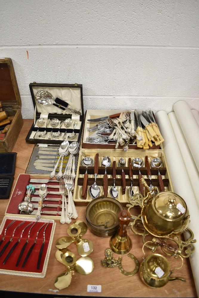 A good selection of cutlery and flatwares most being cased including mid century wooden handled