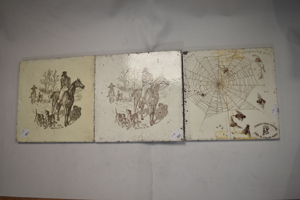 Three Victorian Wedgwood tiles including two Master of the Hunt and A Flye Offendith Him AF - Image 3 of 5