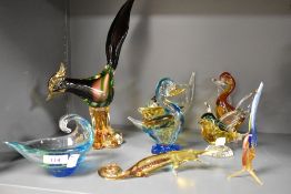 Seven art glass studio figures of animals including duck, bird and cockerel, also including is a
