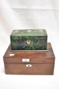 Two early 20th century boxes largest having Mahogany case and similar with a green marbled case.