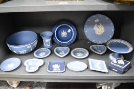 A good selection of Wedgwood Jasperware in various shades of blue, including tazza, fruit bowl and