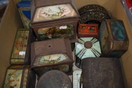 A box of pretty vintage tins including some Huntley & Palmer, also an embossed vintage sandwich